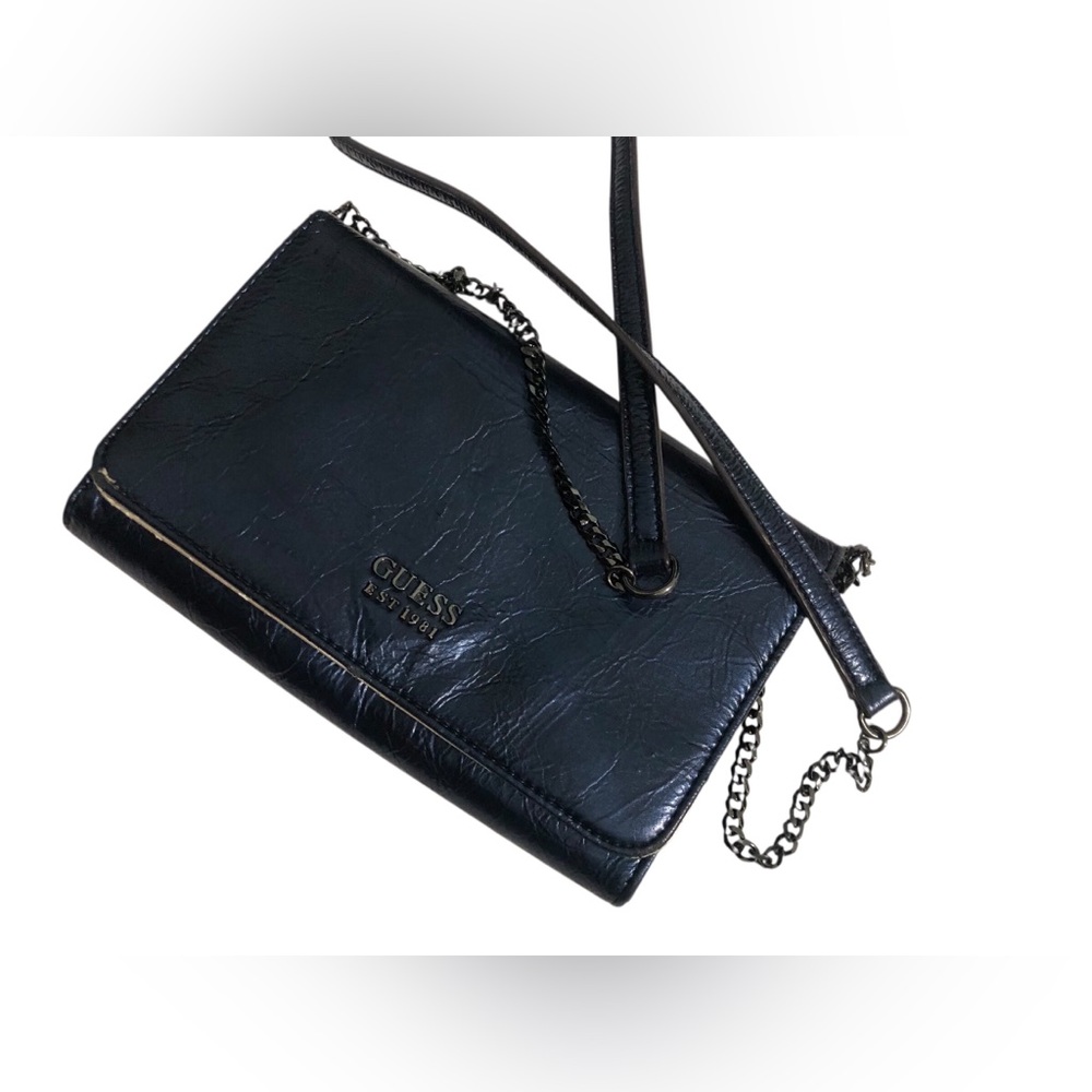 GUESS Black Leather Crossbody Wallet with Chain Strap